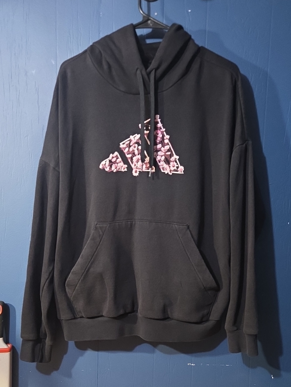adidas Black Crewneck Hoodie with Pink Floral Logo